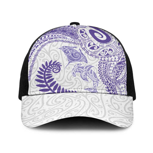 Aotearoa Maori Sea Animals Tribal Baseball Net Cap Manta Ray and Shark Moko Pattern Purple Color