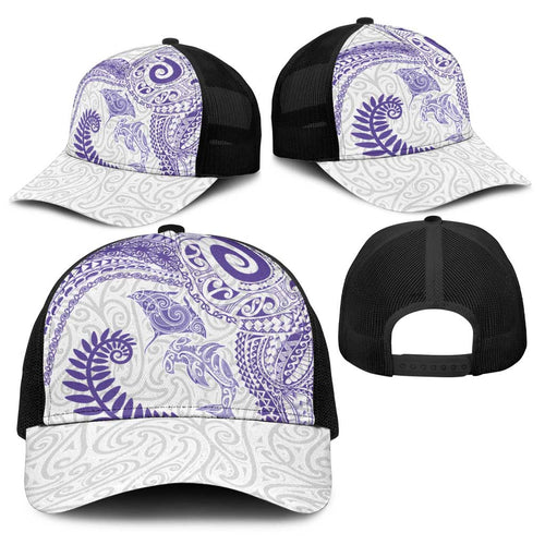 Aotearoa Maori Sea Animals Tribal Baseball Net Cap Manta Ray and Shark Moko Pattern Purple Color