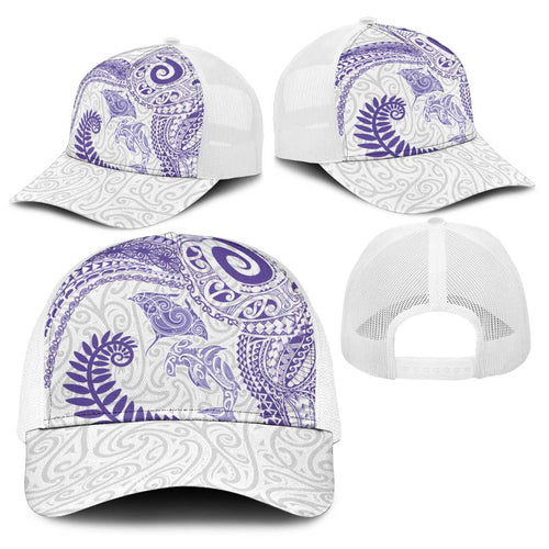 Aotearoa Maori Sea Animals Tribal Baseball Net Cap Manta Ray and Shark Moko Pattern Purple Color