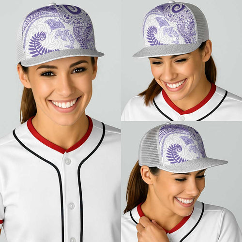 Aotearoa Maori Sea Animals Tribal Baseball Net Cap Manta Ray and Shark Moko Pattern Purple Color