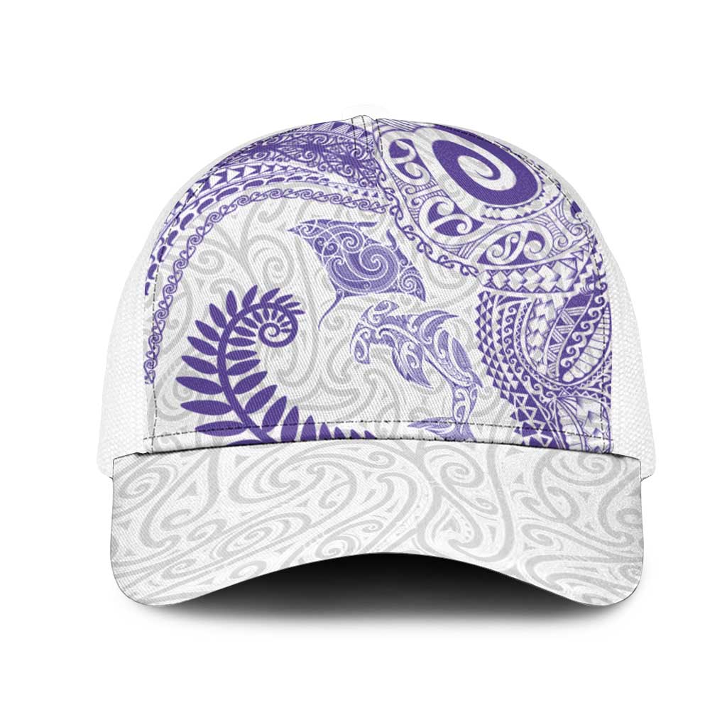 Aotearoa Maori Sea Animals Tribal Mesh Trucker Cap Manta Ray and Shark Moko Pattern Purple Color