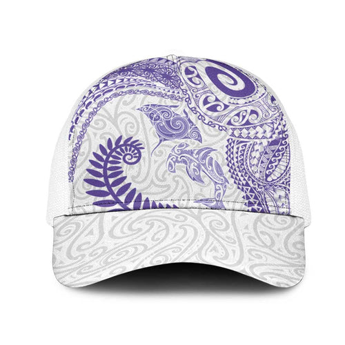 Aotearoa Maori Sea Animals Tribal Mesh Trucker Cap Manta Ray and Shark Moko Pattern Purple Color