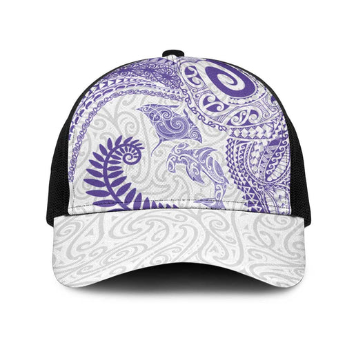 Aotearoa Maori Sea Animals Tribal Mesh Trucker Cap Manta Ray and Shark Moko Pattern Purple Color