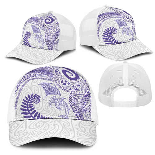 Aotearoa Maori Sea Animals Tribal Mesh Trucker Cap Manta Ray and Shark Moko Pattern Purple Color