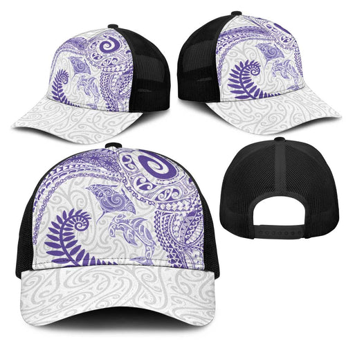 Aotearoa Maori Sea Animals Tribal Mesh Trucker Cap Manta Ray and Shark Moko Pattern Purple Color