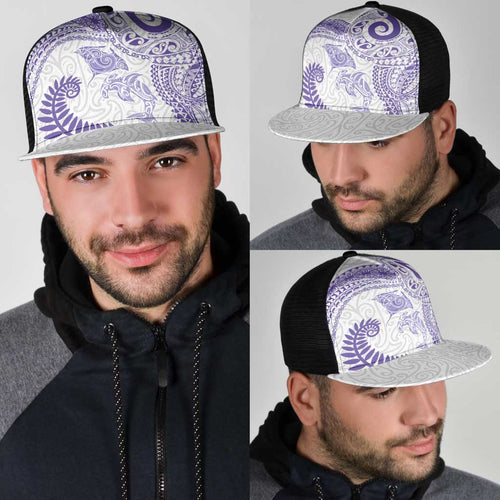 Aotearoa Maori Sea Animals Tribal Mesh Trucker Cap Manta Ray and Shark Moko Pattern Purple Color