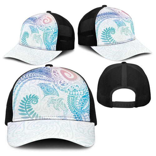 Aotearoa Maori Sea Animals Tribal Baseball Net Cap Manta Ray and Shark Moko Pattern Sweet Pastel