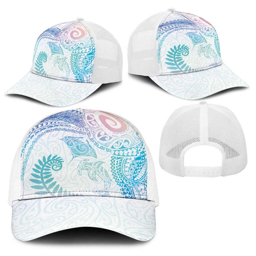 Aotearoa Maori Sea Animals Tribal Baseball Net Cap Manta Ray and Shark Moko Pattern Sweet Pastel