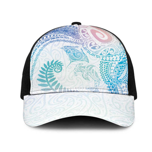 Aotearoa Maori Sea Animals Tribal Mesh Trucker Cap Manta Ray and Shark Moko Pattern Sweet Pastel