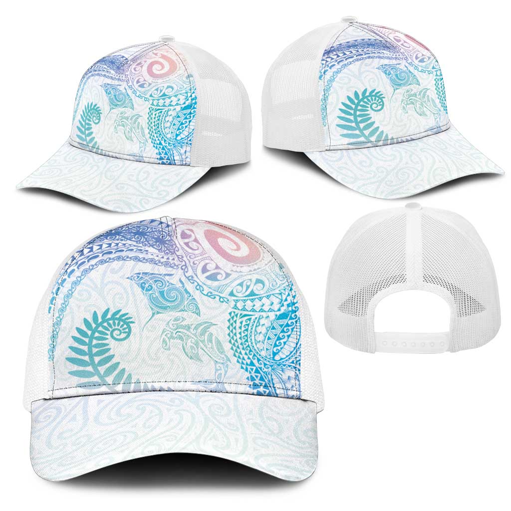 Aotearoa Maori Sea Animals Tribal Mesh Trucker Cap Manta Ray and Shark Moko Pattern Sweet Pastel