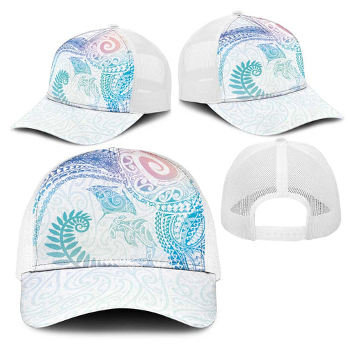 Aotearoa Maori Sea Animals Tribal Mesh Trucker Cap Manta Ray and Shark Moko Pattern Sweet Pastel