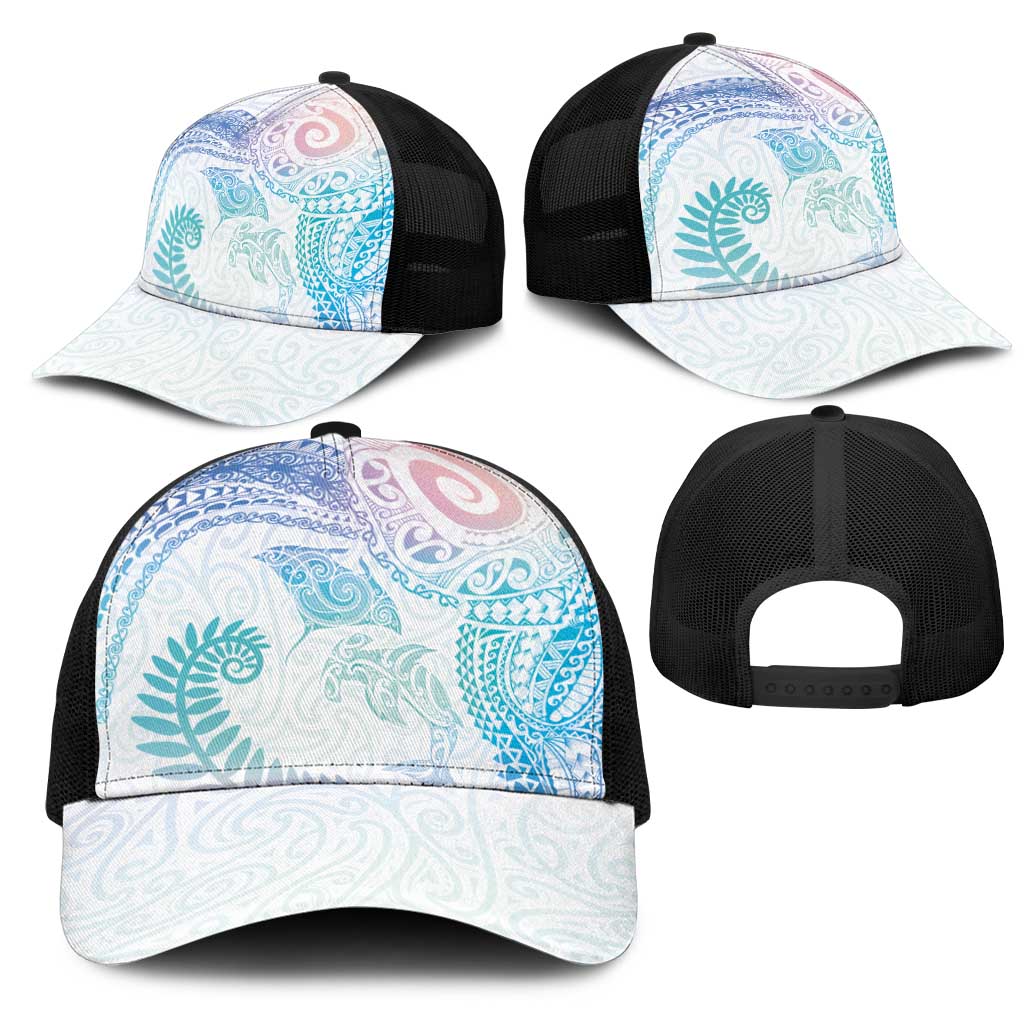 Aotearoa Maori Sea Animals Tribal Mesh Trucker Cap Manta Ray and Shark Moko Pattern Sweet Pastel