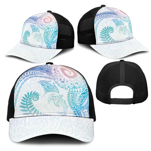 Aotearoa Maori Sea Animals Tribal Mesh Trucker Cap Manta Ray and Shark Moko Pattern Sweet Pastel