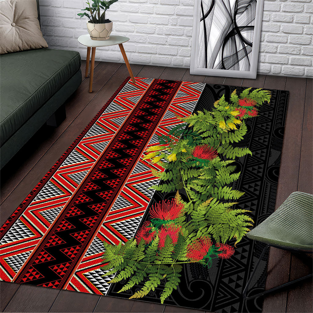 Maori Tukutuku Area Rug with Ferns Pohutukawa and Kowhai Tribal Moko Patterns