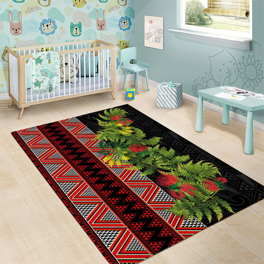 Maori Tukutuku Area Rug with Ferns Pohutukawa and Kowhai Tribal Moko Patterns