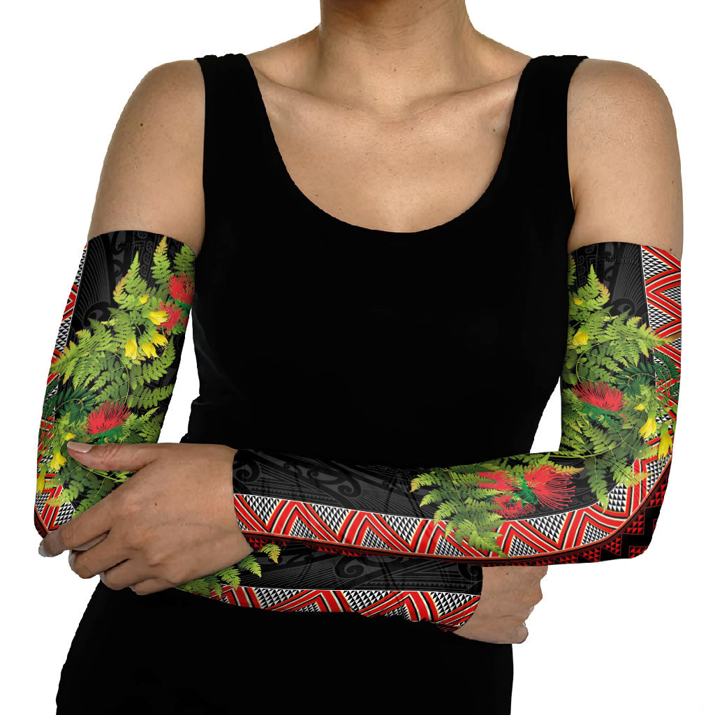 Maori Tukutuku Arm Sleeves with Ferns Pohutukawa and Kowhai Tribal Moko Patterns