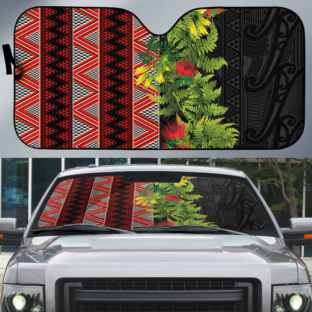 Maori Tukutuku Auto Sun Shade with Ferns Pohutukawa and Kowhai Tribal Moko Patterns