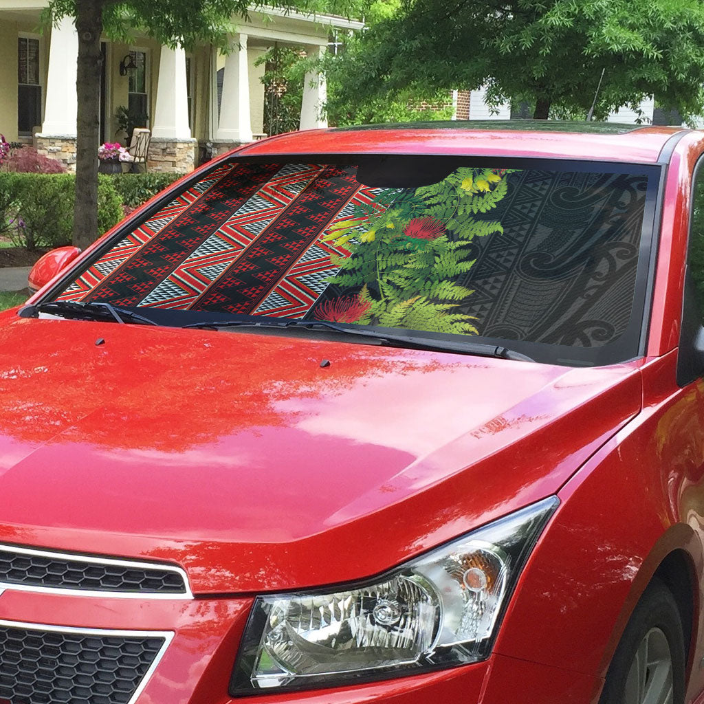Maori Tukutuku Auto Sun Shade with Ferns Pohutukawa and Kowhai Tribal Moko Patterns