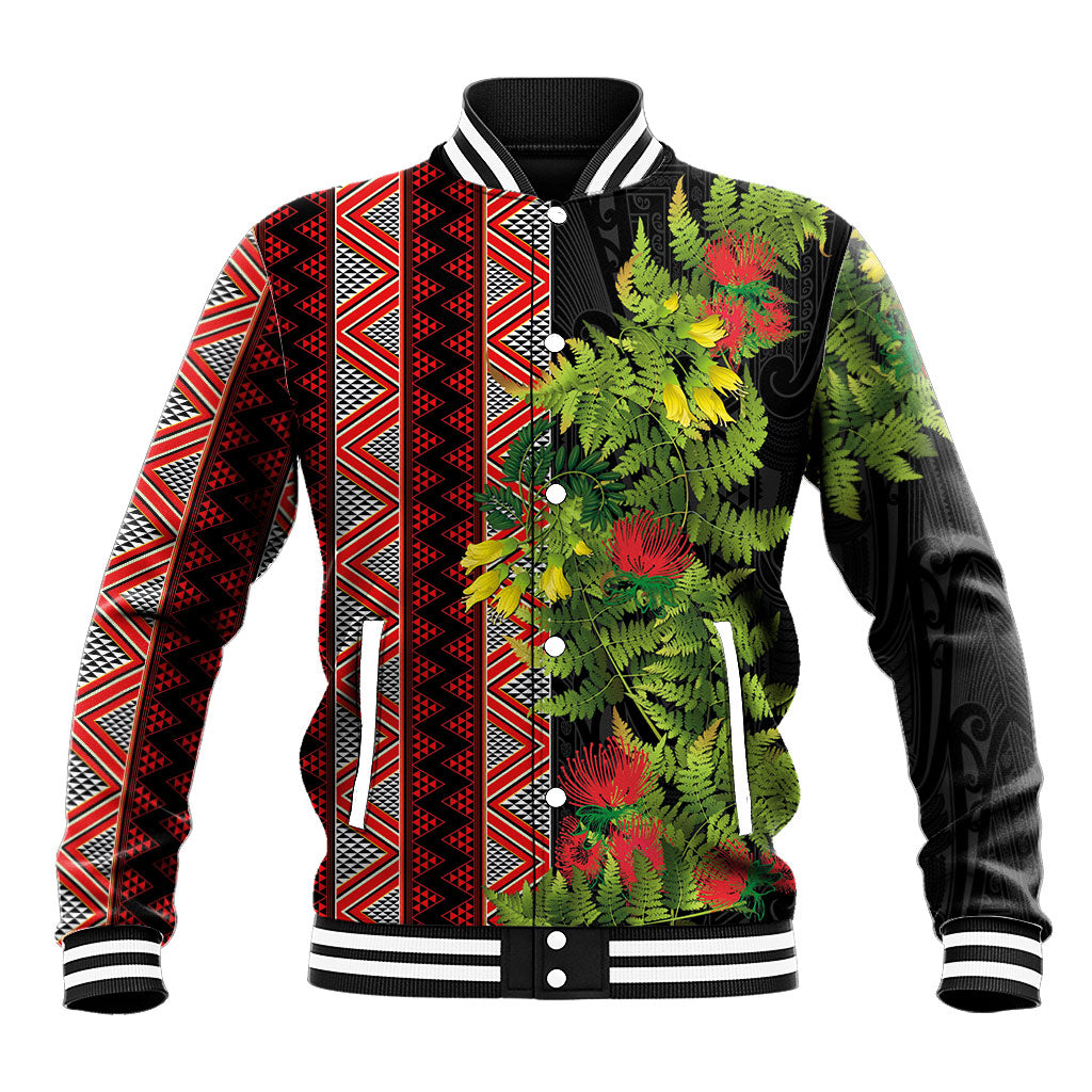 Maori Tukutuku Baseball Jacket with Ferns Pohutukawa and Kowhai Tribal Moko Patterns