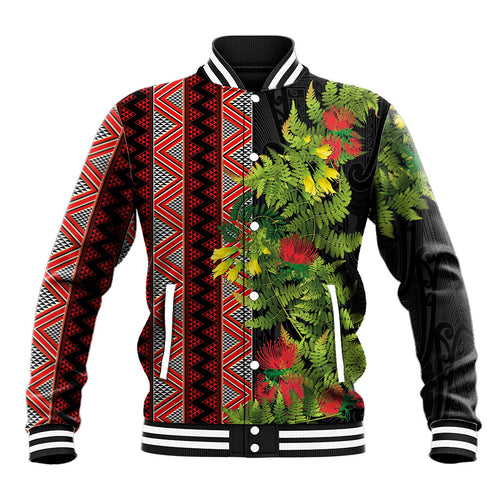 Maori Tukutuku Baseball Jacket with Ferns Pohutukawa and Kowhai Tribal Moko Patterns