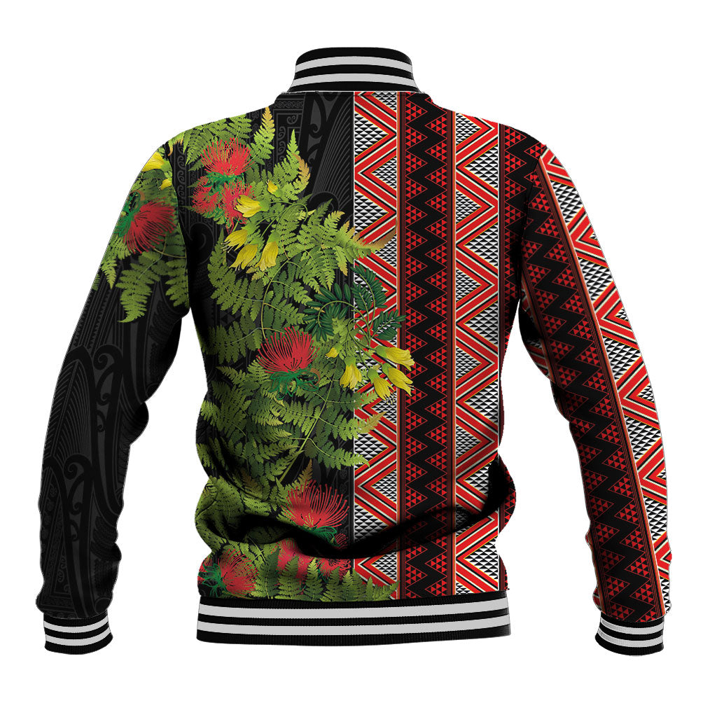 Maori Tukutuku Baseball Jacket with Ferns Pohutukawa and Kowhai Tribal Moko Patterns