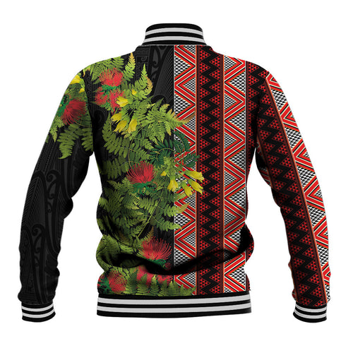 Maori Tukutuku Baseball Jacket with Ferns Pohutukawa and Kowhai Tribal Moko Patterns