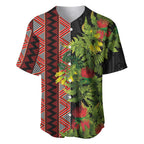 Maori Tukutuku Baseball Jersey with Ferns Pohutukawa and Kowhai Tribal Moko Patterns