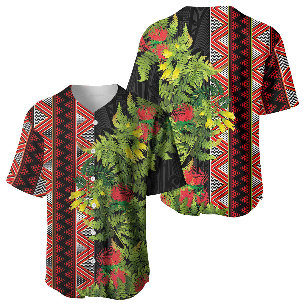 Maori Tukutuku Baseball Jersey with Ferns Pohutukawa and Kowhai Tribal Moko Patterns
