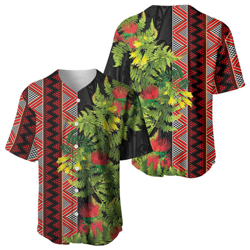 Maori Tukutuku Baseball Jersey with Ferns Pohutukawa and Kowhai Tribal Moko Patterns