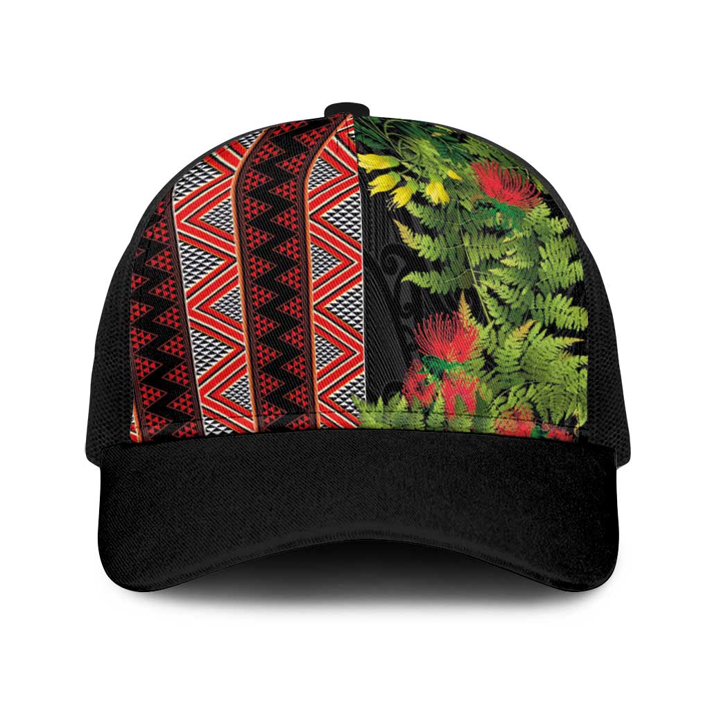 Maori Tukutuku Baseball Net Cap with Ferns Pohutukawa and Kowhai Tribal Moko Patterns