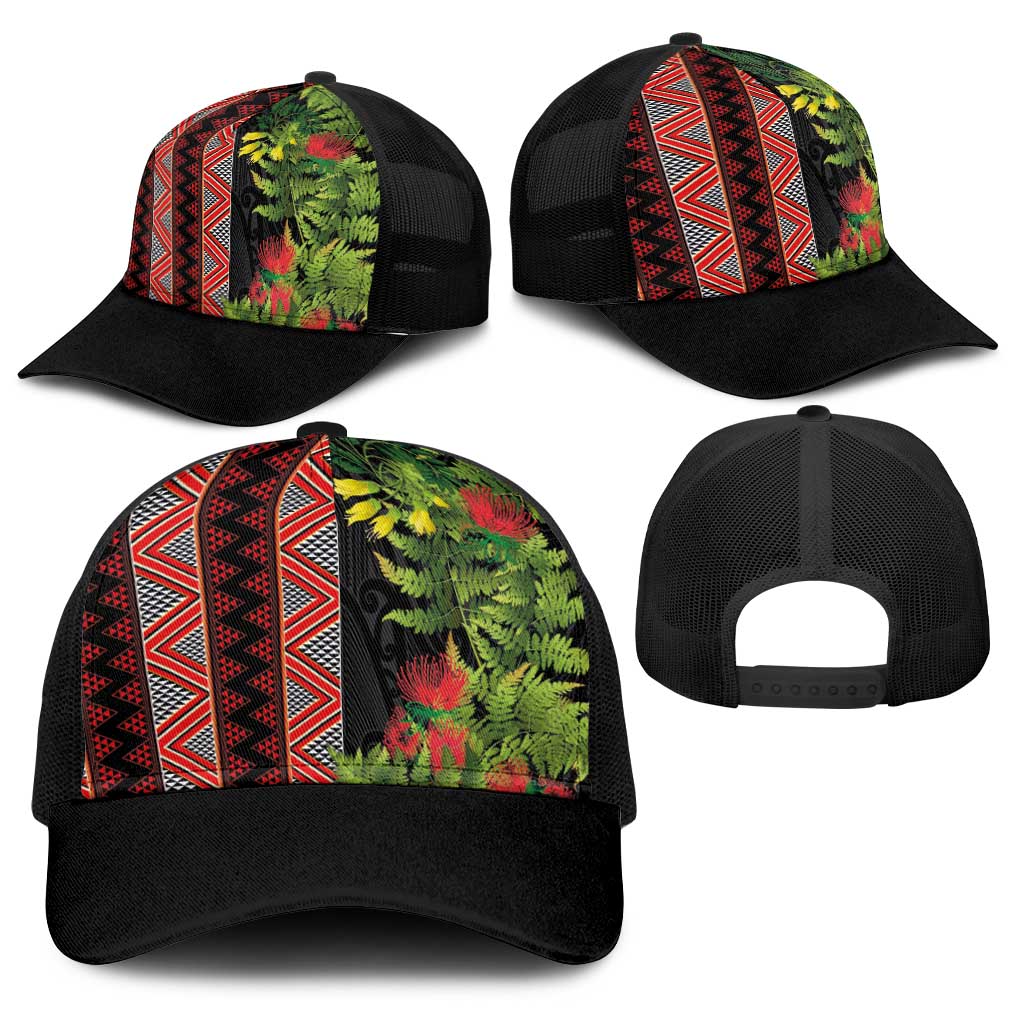 Maori Tukutuku Baseball Net Cap with Ferns Pohutukawa and Kowhai Tribal Moko Patterns