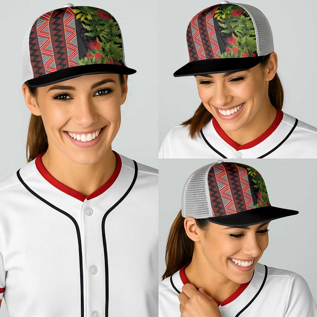 Maori Tukutuku Baseball Net Cap with Ferns Pohutukawa and Kowhai Tribal Moko Patterns