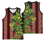 Maori Tukutuku Basketball Jersey with Ferns Pohutukawa and Kowhai Tribal Moko Patterns
