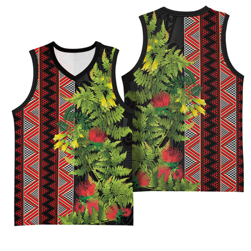 Maori Tukutuku Basketball Jersey with Ferns Pohutukawa and Kowhai Tribal Moko Patterns