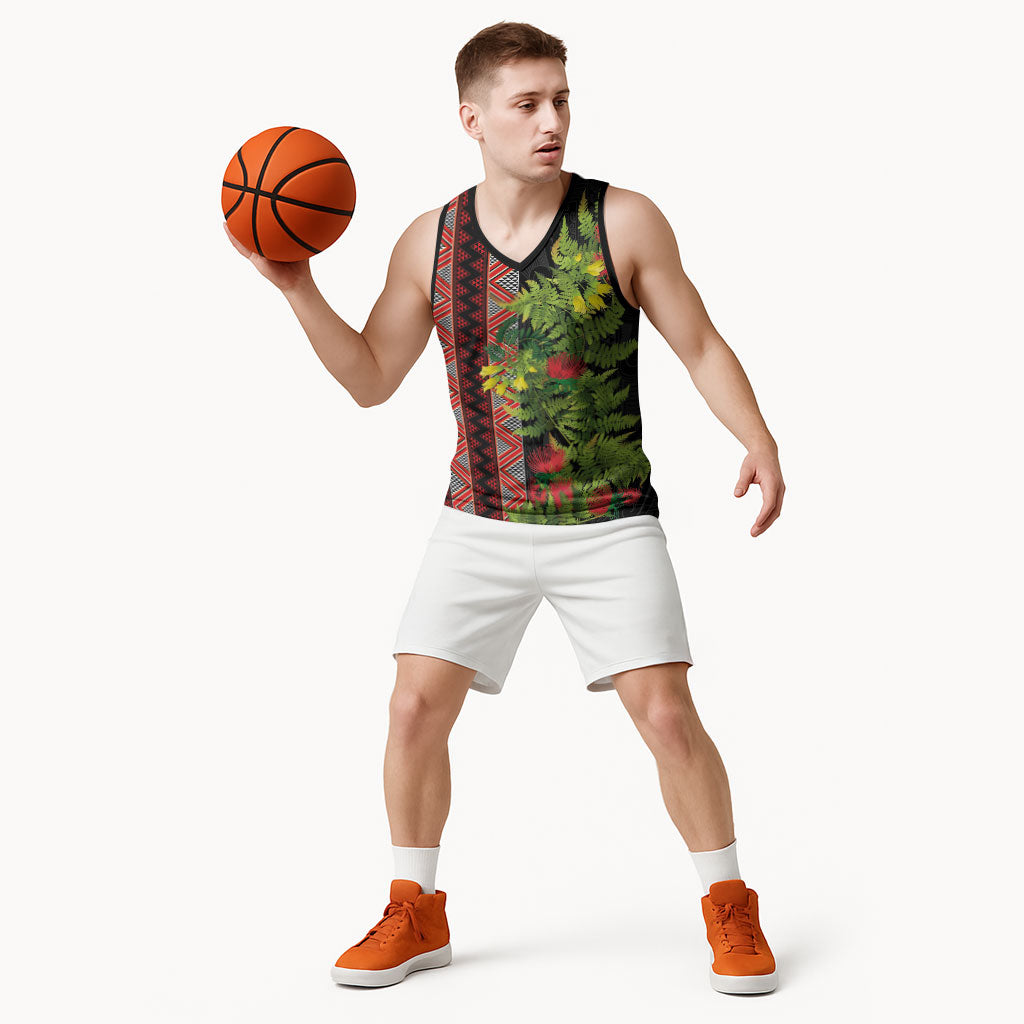 Maori Tukutuku Basketball Jersey with Ferns Pohutukawa and Kowhai Tribal Moko Patterns