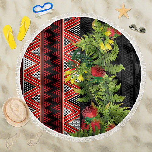 Maori Tukutuku Beach Blanket with Ferns Pohutukawa and Kowhai Tribal Moko Patterns