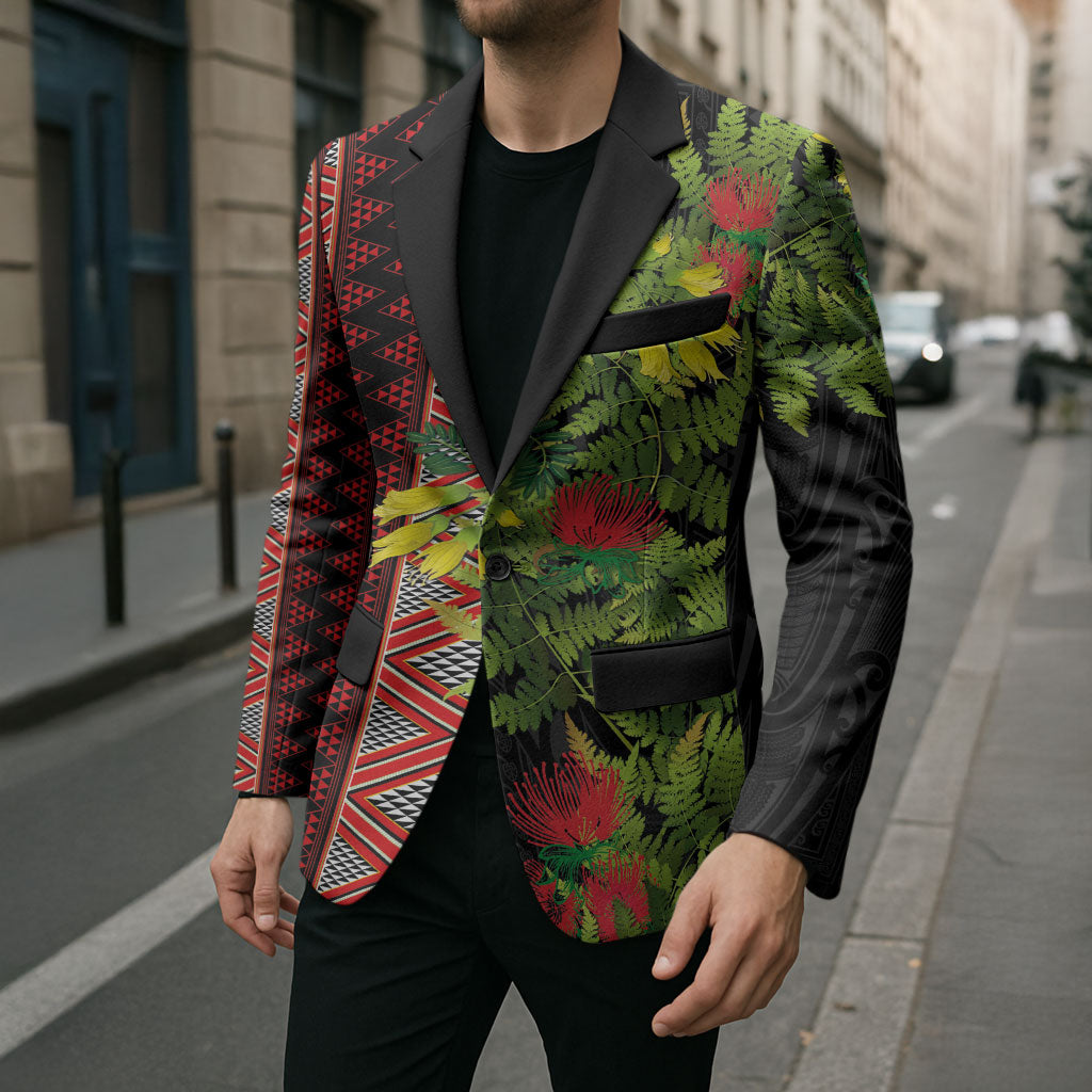 Maori Tukutuku Blazer with Ferns Pohutukawa and Kowhai Tribal Moko Patterns