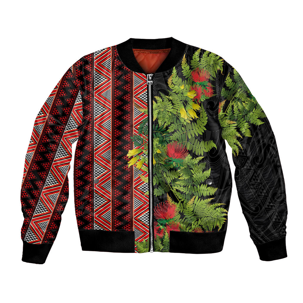 Maori Tukutuku Bomber Jacket with Ferns Pohutukawa and Kowhai Tribal Moko Patterns