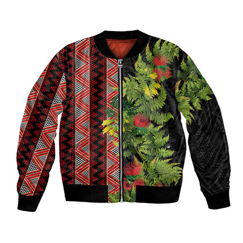Maori Tukutuku Bomber Jacket with Ferns Pohutukawa and Kowhai Tribal Moko Patterns