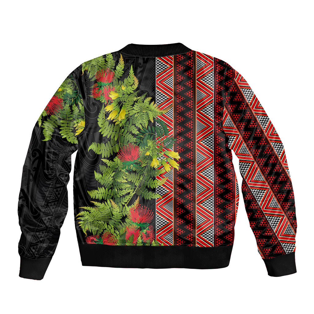 Maori Tukutuku Bomber Jacket with Ferns Pohutukawa and Kowhai Tribal Moko Patterns