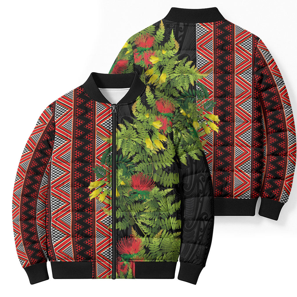 Maori Tukutuku Bomber Puffer Jacket with Ferns Pohutukawa and Kowhai Tribal Moko Patterns