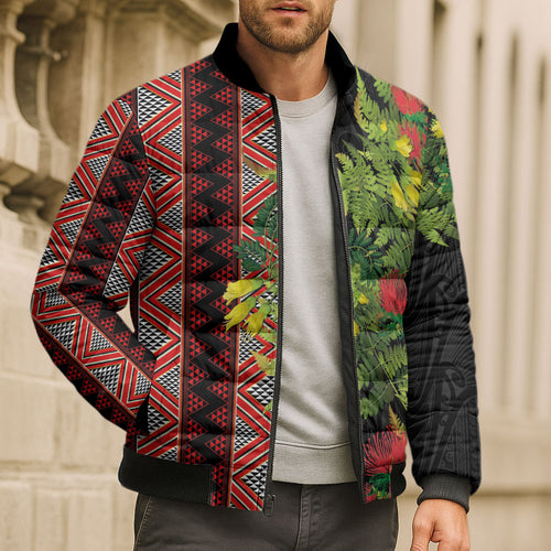 Maori Tukutuku Bomber Puffer Jacket with Ferns Pohutukawa and Kowhai Tribal Moko Patterns