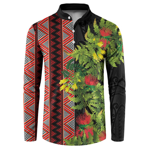 Maori Tukutuku Button Sweatshirt with Ferns Pohutukawa and Kowhai Tribal Moko Patterns