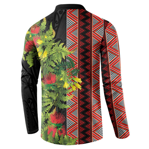 Maori Tukutuku Button Sweatshirt with Ferns Pohutukawa and Kowhai Tribal Moko Patterns