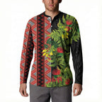 Maori Tukutuku Button Sweatshirt with Ferns Pohutukawa and Kowhai Tribal Moko Patterns