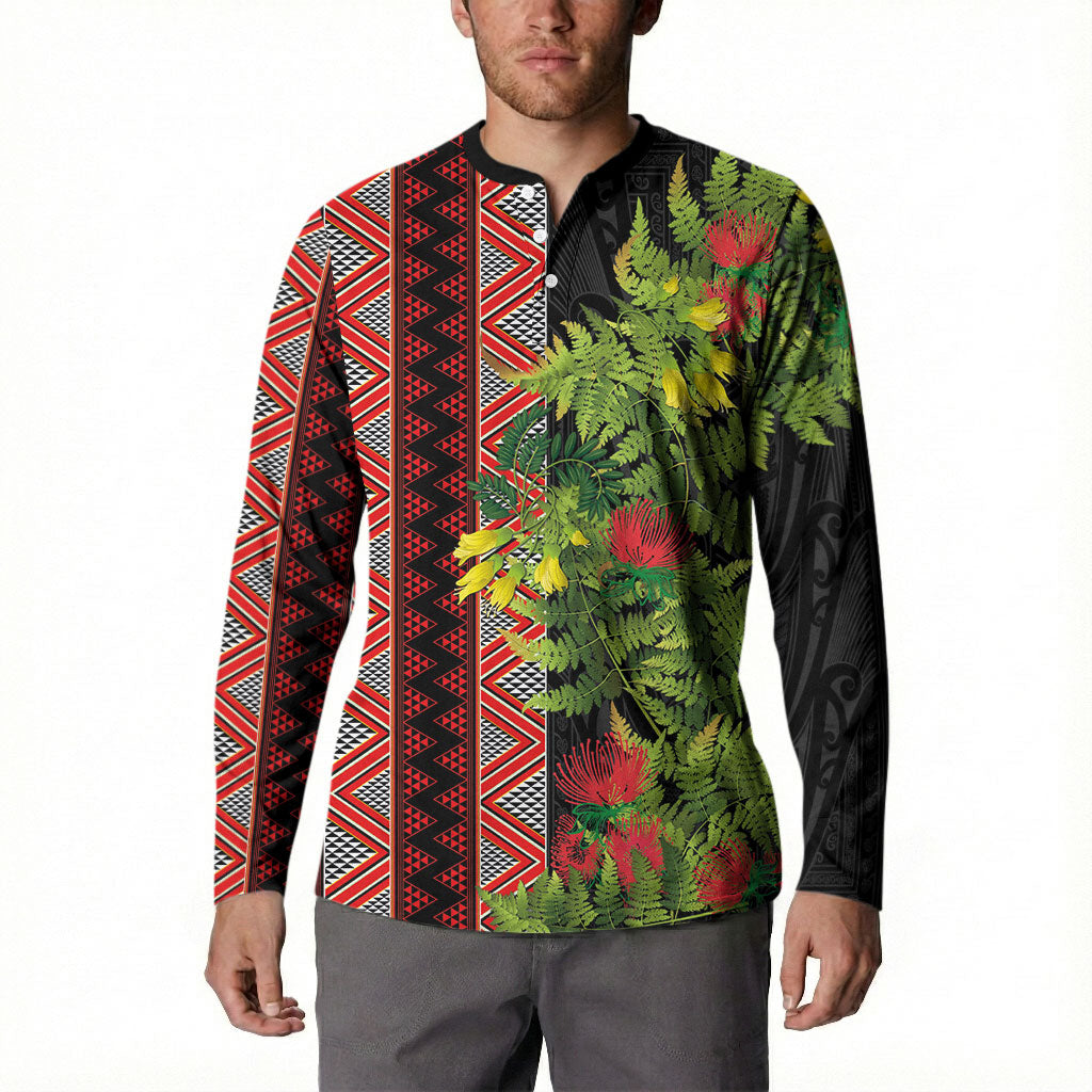 Maori Tukutuku Button Sweatshirt with Ferns Pohutukawa and Kowhai Tribal Moko Patterns