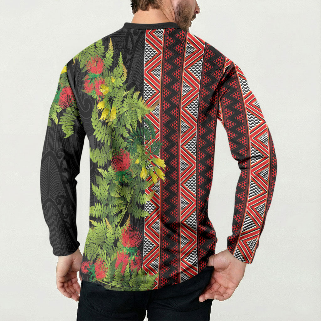 Maori Tukutuku Button Sweatshirt with Ferns Pohutukawa and Kowhai Tribal Moko Patterns