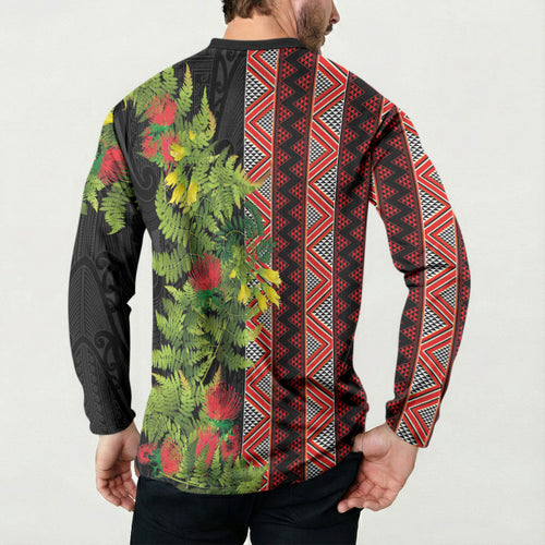 Maori Tukutuku Button Sweatshirt with Ferns Pohutukawa and Kowhai Tribal Moko Patterns