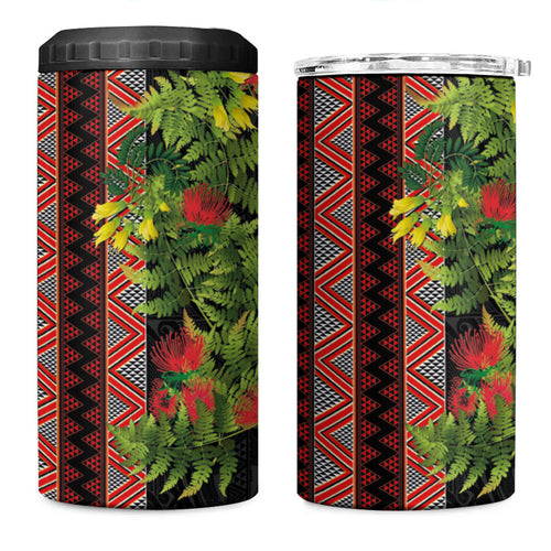 Maori Tukutuku 4 in 1 Can Cooler Tumbler with Ferns Pohutukawa and Kowhai Tribal Moko Patterns