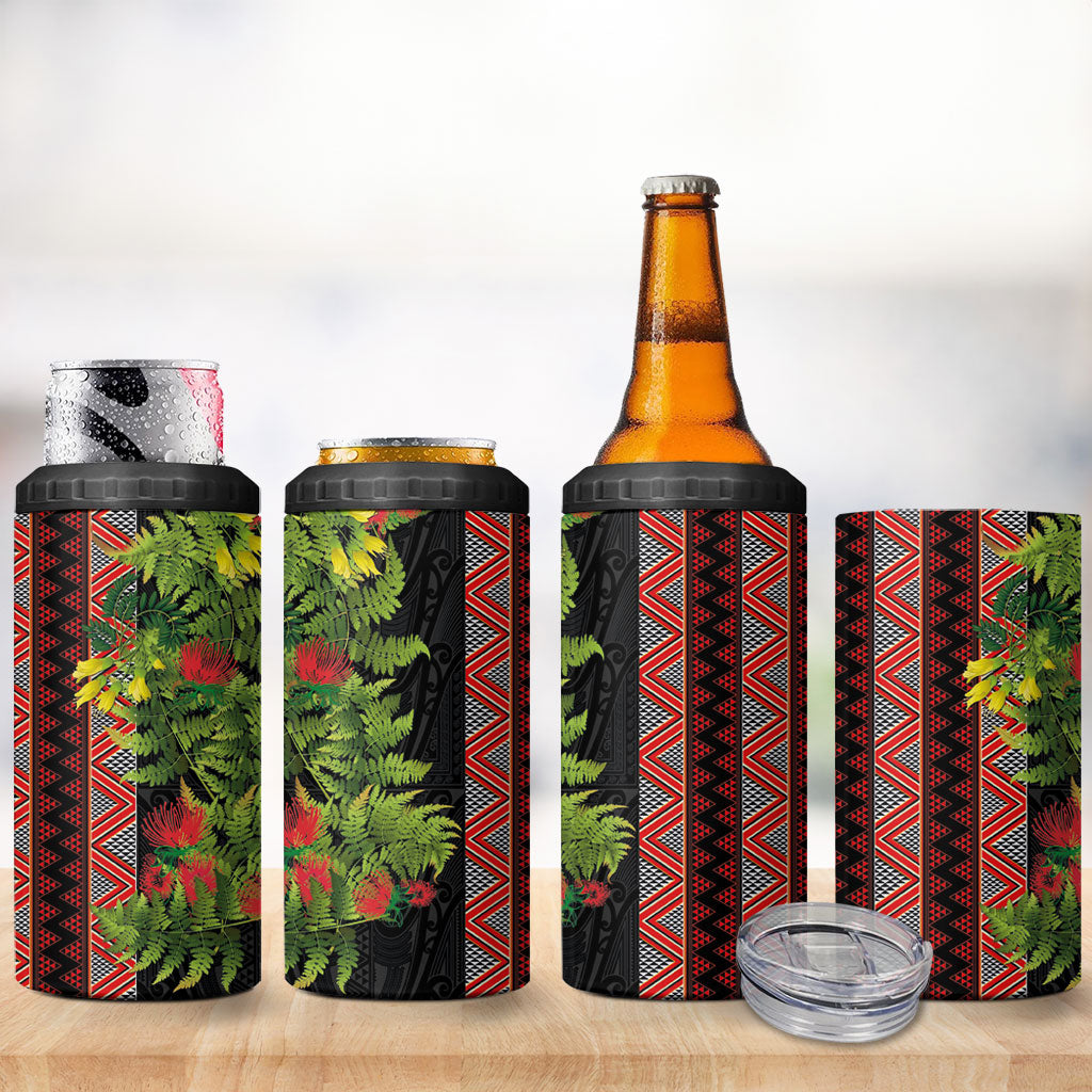 Maori Tukutuku 4 in 1 Can Cooler Tumbler with Ferns Pohutukawa and Kowhai Tribal Moko Patterns